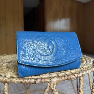 Vintage Chanel Blue Caviar Leather CC Logo Timeless Flap Wallet Medium